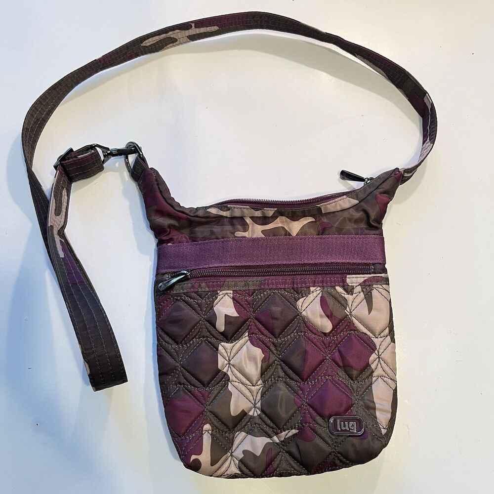 Lug Skipper Berry Camo Brown RFID Crossbody Bag EUC